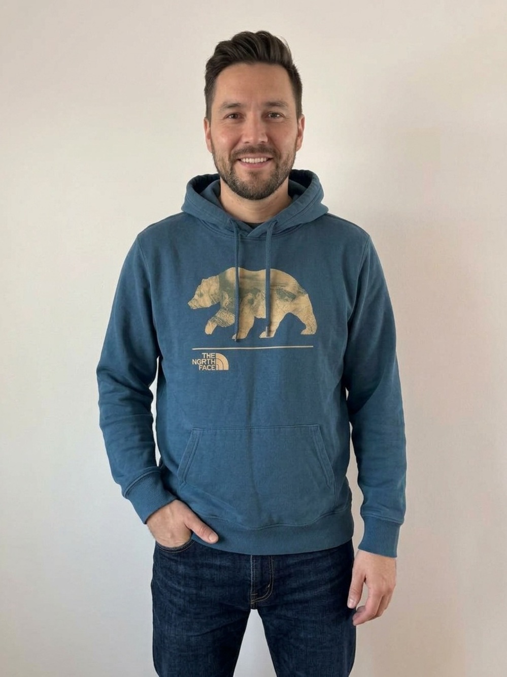 The North Face Blue Crewneck Hoodie with Bear Graphic (Size Large)
